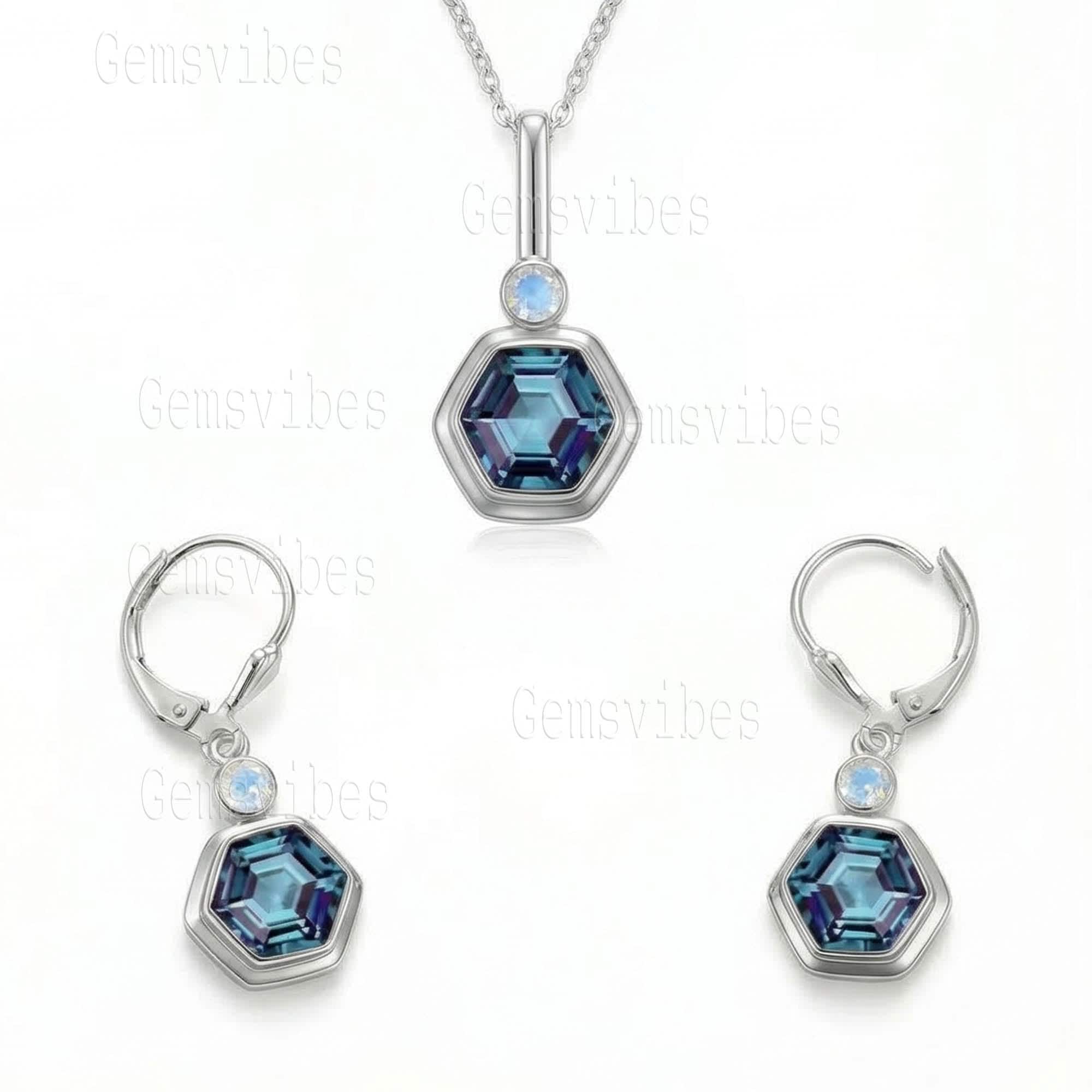Hexagon Alexandrite Pendant, Sterling Silver June Birthstone Jewelry, Color Changing Gemstone Necklace Hexagon Alexandrite Pendant, Sterling Silver June Birthstone Jewelry, Color Changing Gemstone Necklace