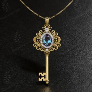 Key to Treasure- Vintage Alexandrite Key Pendant For Women Art Deco Alexandrite Key Necklace Statement Pendant For Women Filigree Pendant