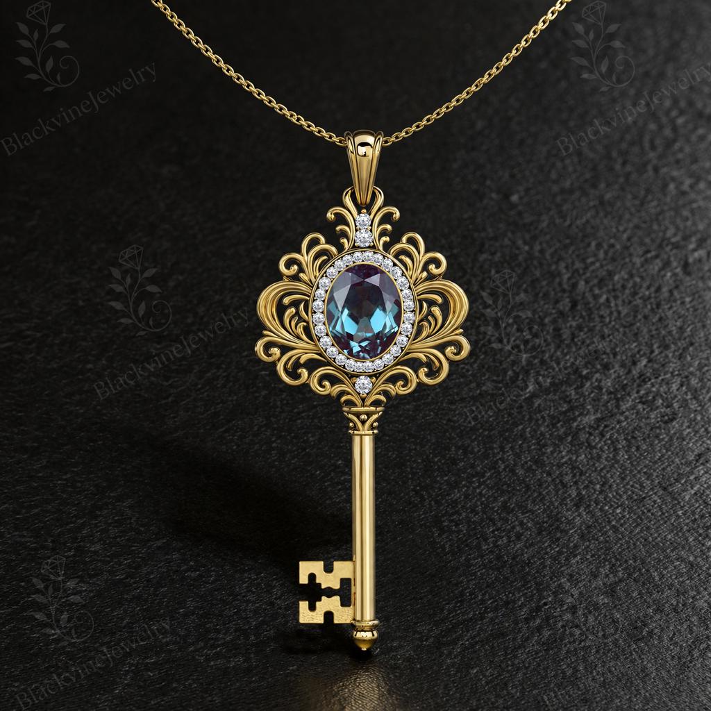 Key To Treasure- Vintage Alexandrite Key Pendant For Women Art Deco Alexandrite Key Necklace Statement Pendant For Women Filigree Pendant