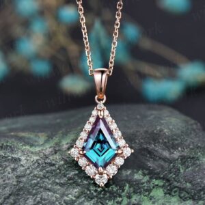 Kite cut alexandrite necklace unique halo snowdrift moissanite necklace pendant rose gold women mother bridal promise anniversary gift