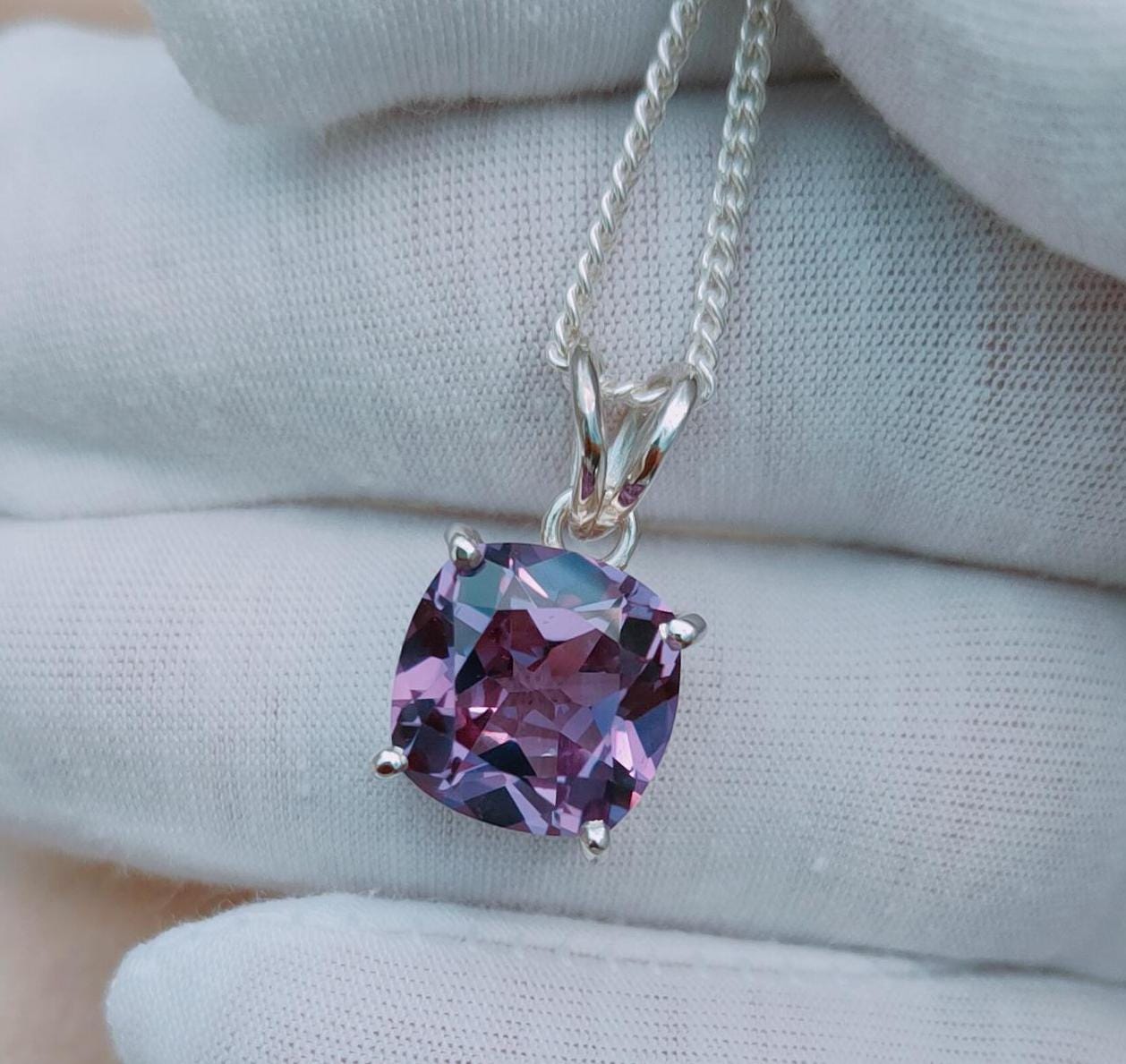 Alexandrite Pendant, Alexandrite Necklace, Cushion Cut Alexandrite Pendant With Chain, 925 Sterling Silver, Color Change Stone Pendant