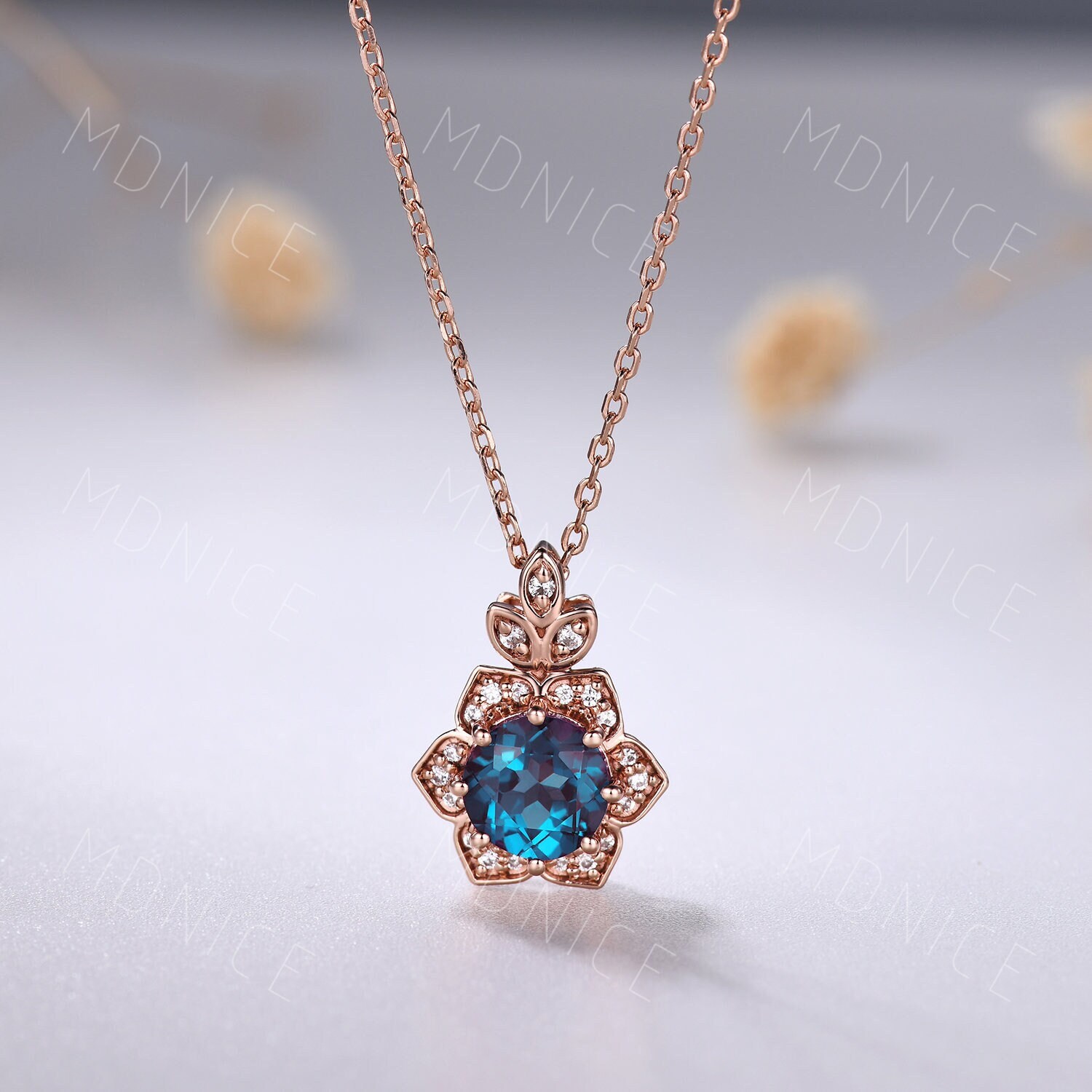 Alexandrite Pendant Necklace: Floral Moissanite Halo, Rose Gold Color Changing Stone