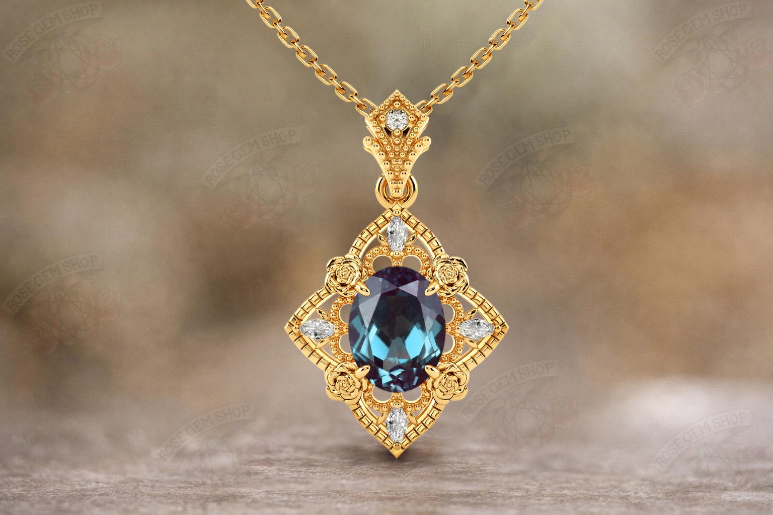 Alexandrite Necklace For Women 925 Silver Alexandrite Gemstone Pendant Art Deco Floral Design Necklace Unique Alexandrite Statement Pendant
