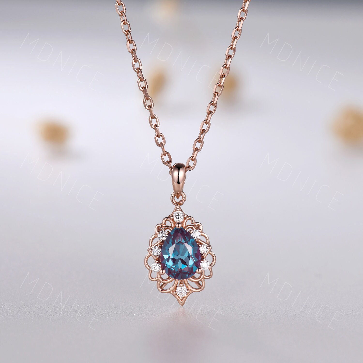 Pear Cut Alexandrite Celtic Pendant Rose Gold June Birthstone Moissanite Drop Pendant Necklace,vintage 1.5ct Alexandrite Bridal Necklace