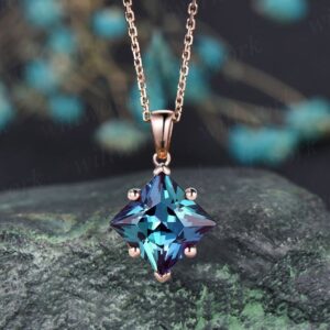 Princess Cut Alexandrite Necklace Solid 14k Rose Gold Vintage Unique Personalized Pendant Women Her Gemstone Anniversary Bridal Gift Mother