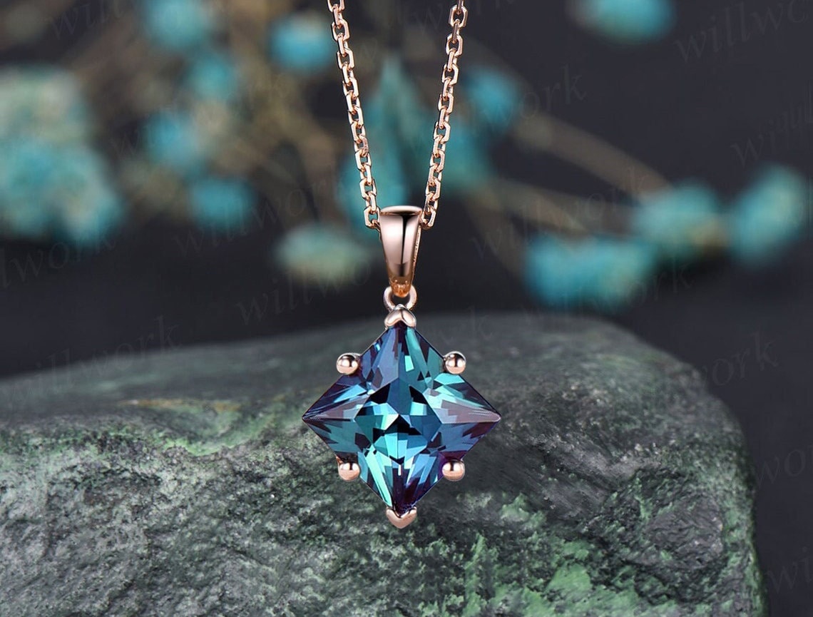 Princess Cut Alexandrite Necklace Solid 14k Rose Gold Vintage Unique Personalized Pendant Women Her Gemstone Anniversary Bridal Gift Mother Princess Cut Alexandrite Necklace Solid 14k Rose Gold Vintage Unique Personalized Pendant Women Her Gemstone Anniversary Bridal Gift Mother
