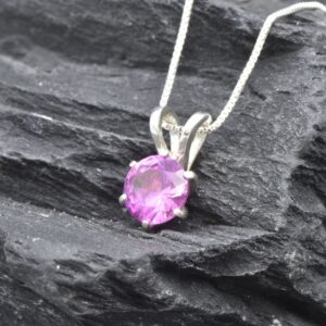 Round Pink Pendant, Created Alexandrite Pendant, Bright Pink Pendant, June Birthstone Necklace, Dainty Pink Necklace, Solid Silver Necklace