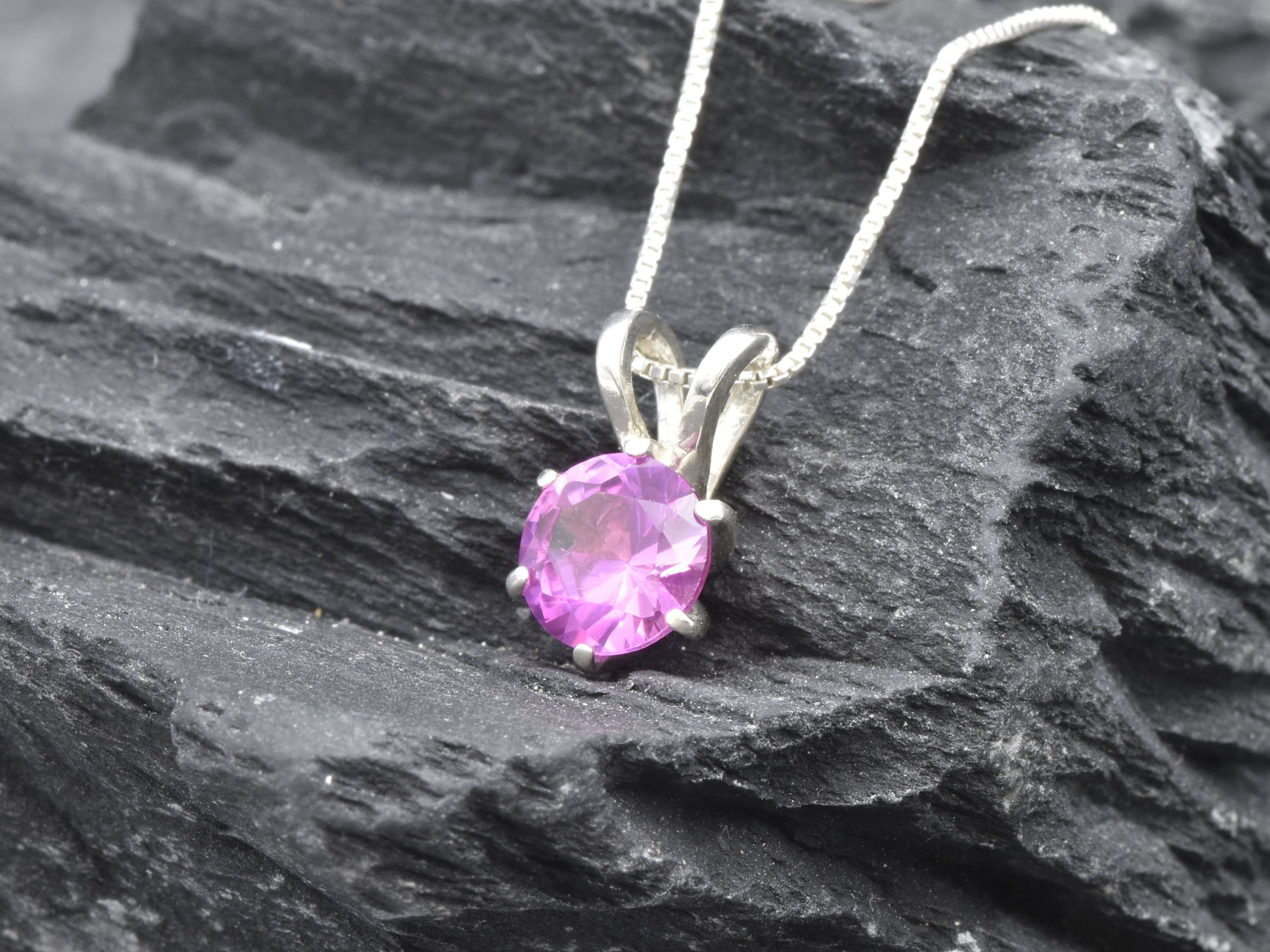 Round Pink Pendant, Created Alexandrite Pendant, Bright Pink Pendant, June Birthstone Necklace, Dainty Pink Necklace, Solid Silver Necklace Round Pink Pendant, Created Alexandrite Pendant, Bright Pink Pendant, June Birthstone Necklace, Dainty Pink Necklace, Solid Silver Necklace