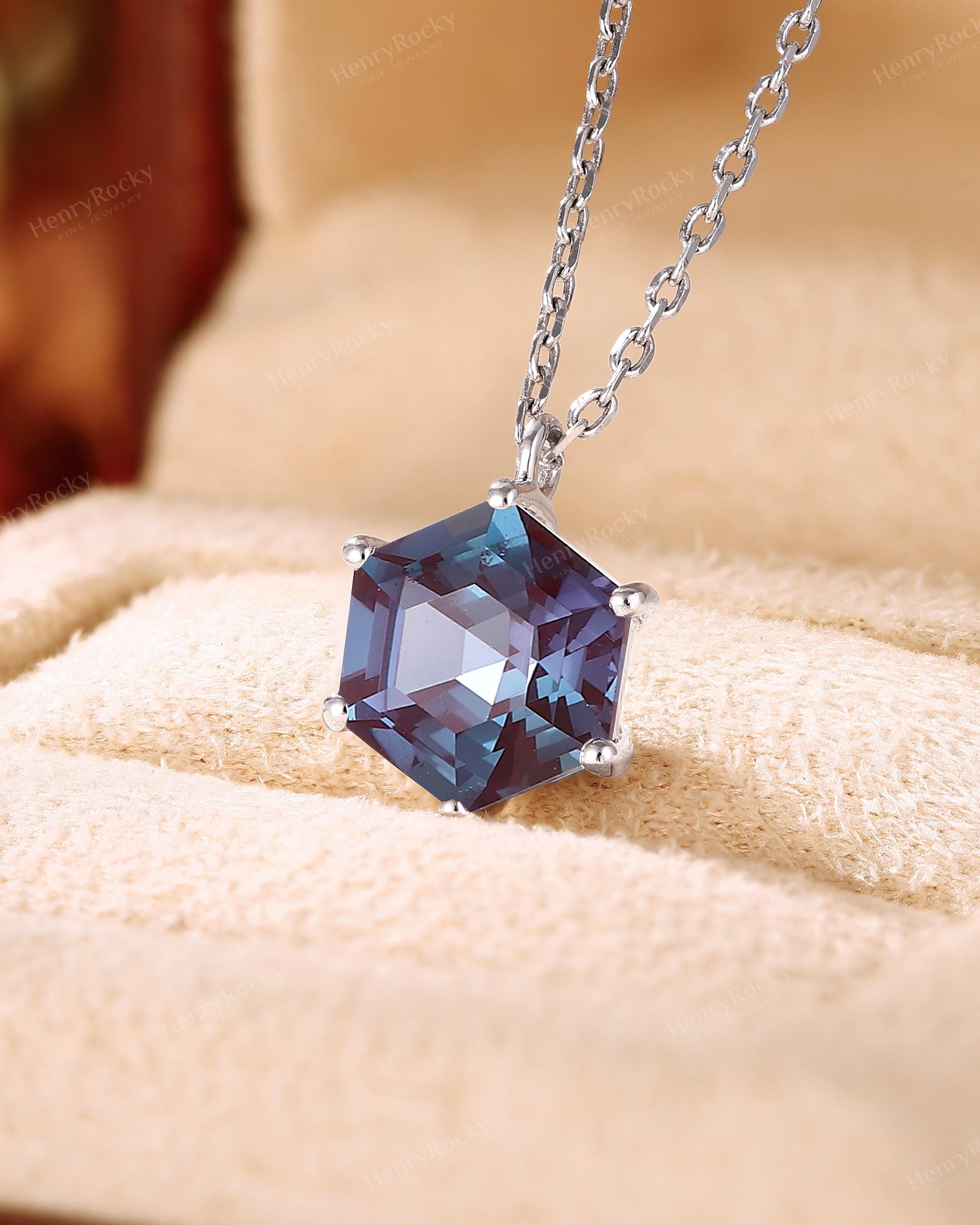 Solitaire Alexandrite Necklace - Hexagon Cut Charm Pendant, Gift For Her By Henryrocky