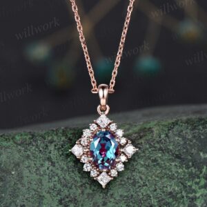 Unique oval cut alexandrite necklace solid 14k rose gold halo princess moissanite diamond necklace pendant women anniversary gift jewelry