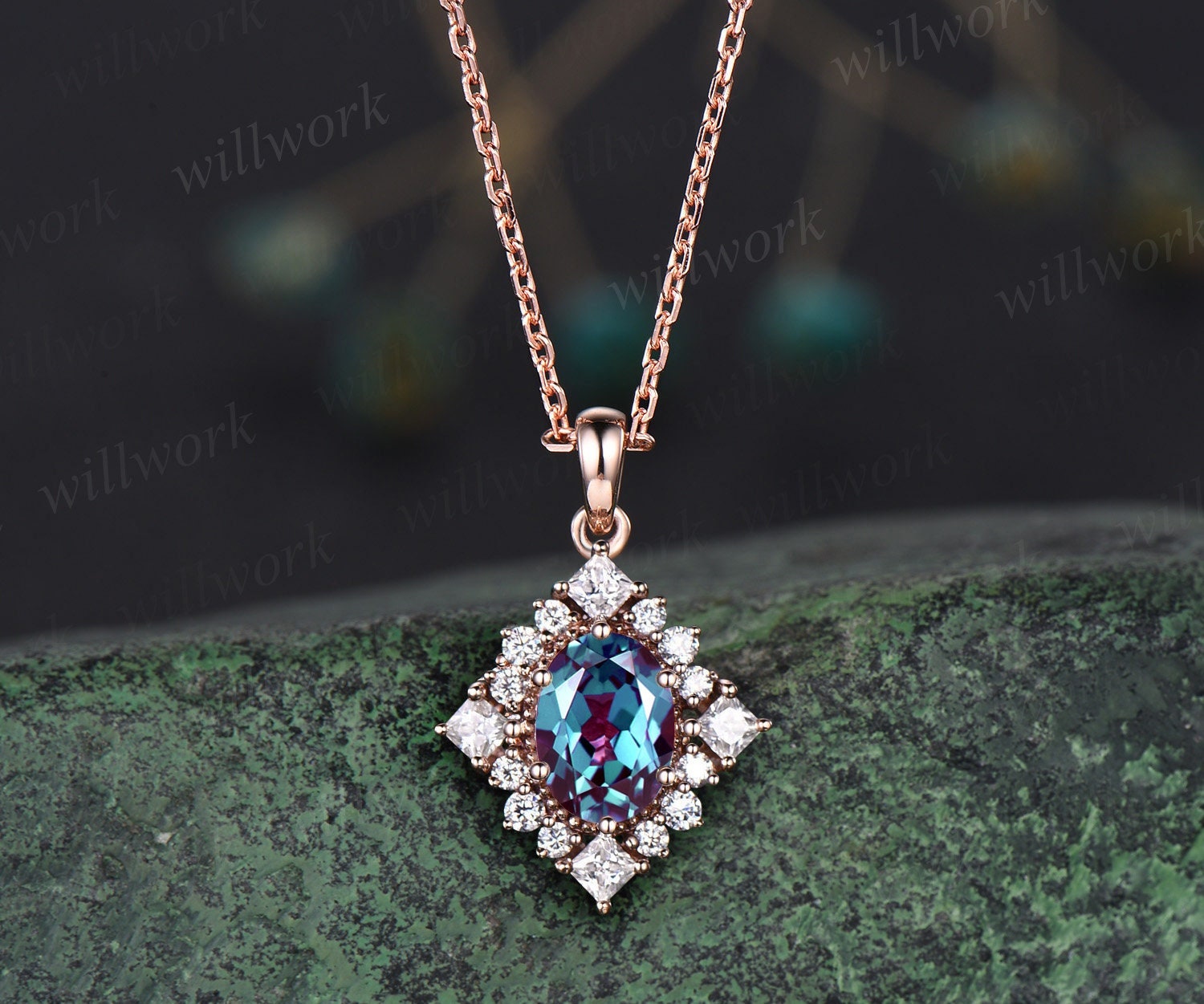 Unique Oval Cut Alexandrite Necklace Solid 14k Rose Gold Halo Princess Moissanite Diamond Necklace Pendant Women Anniversary Gift Jewelry