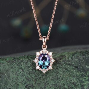 Unique oval alexandrite necklace rose gold star snowdrift halo moissanite diamond necklace pendant women bridal anniversary gift jewelry