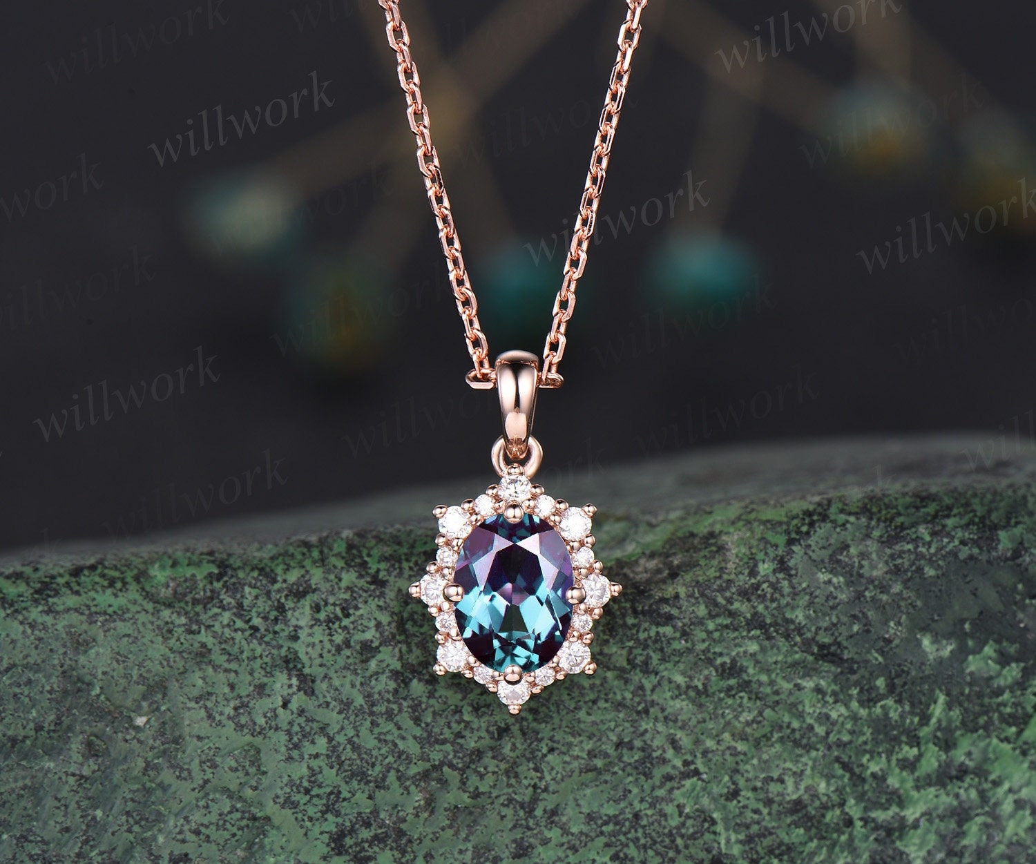 Unique Oval Alexandrite Necklace Rose Gold Star Snowdrift Halo Moissanite Diamond Necklace Pendant Women Bridal Anniversary Gift Jewelry Unique Oval Alexandrite Necklace Rose Gold Star Snowdrift Halo Moissanite Diamond Necklace Pendant Women Bridal Anniversary Gift Jewelry