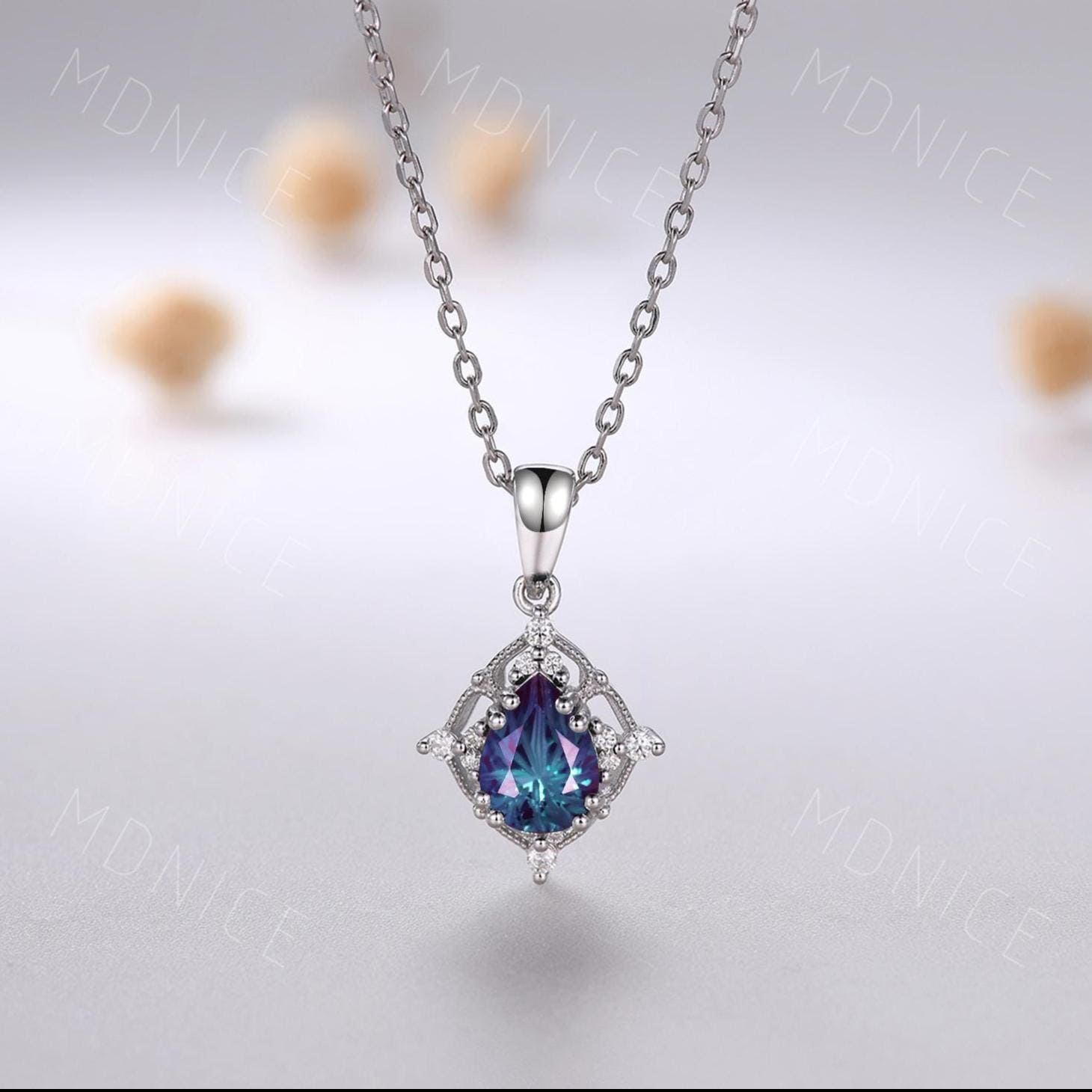 Vintage Art Deco Alexandrite Teardrop Pendant Necklace: Sterling Silver, Moissanite Accents