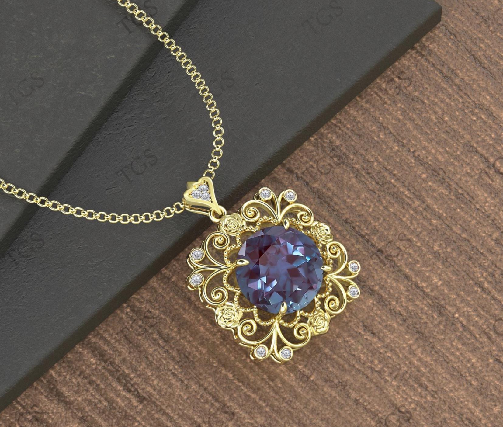 Vintage Alexandrite Floral Style Necklace For Women Art Deco Filigree Wedding Necklace 925 Alexandrite Statement Pendant Anniversary Gift