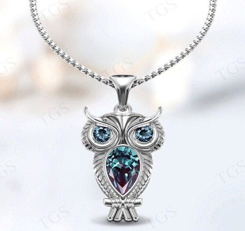 Vintage Alexandrite Owl Pendant For Women Art Deco Silver Multi Gemstone Pendant Unique Statement Pendant Silver Bird Pendant Gift For Women