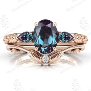 14k Gold Alexandrite Leaf Engagement Ring Set Vintage Alexandrite 2 Pcs Wedding Ring Set 925 Silver Alexandrite Bridal Ring Set Gift For Her 14k Gold Alexandrite Leaf Engagement Ring Set Vintage Alexandrite 2 Pcs Wedding Ring Set 925 Silver Alexandrite Bridal Ring Set Gift For Her