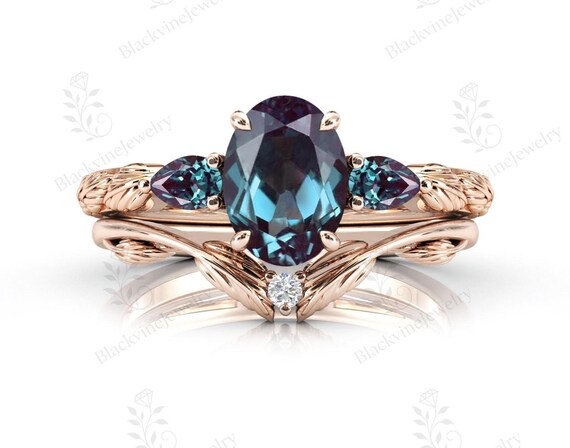 14k Gold Alexandrite Leaf Engagement Ring Set Vintage Alexandrite 2 Pcs Wedding Ring Set 925 Silver Alexandrite Bridal Ring Set Gift For Her