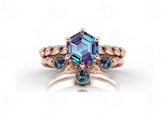 Art Deco Alexandrite Engagement Ring Set 925 Silver Alexandrite Vine Leaf Bridal Ring Set Vintage Alexandrite 2 Piece Wedding Ring Set