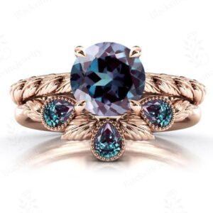 Art Deco Leaf Style Alexandrite Engagement Ring 14K Gold Alexandrite Unique Wedding Ring Set Antique 2 Piece Bridal Anniversary Ring Set