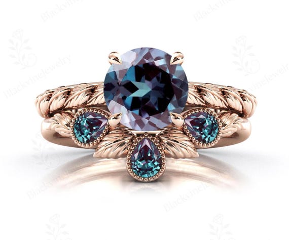 Art Deco Leaf Style Alexandrite Engagement Ring 14k Gold Alexandrite Unique Wedding Ring Set Antique 2 Piece Bridal Anniversary Ring Set Art Deco Leaf Style Alexandrite Engagement Ring 14k Gold Alexandrite Unique Wedding Ring Set Antique 2 Piece Bridal Anniversary Ring Set