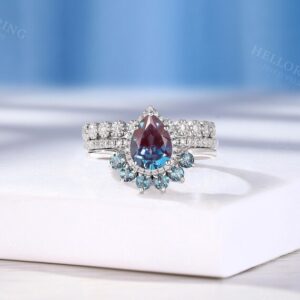 Alexandrite Engagement Ring Set, Halo Ring Diamond Moissanite Wedding Band, Alexandrite Curved Band Promise Half Eternity Ring Milgrain Band