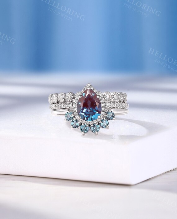 Alexandrite Engagement Ring Set, Halo Ring Diamond Moissanite Wedding Band, Alexandrite Curved Band Promise Half Eternity Ring Milgrain Band Alexandrite Engagement Ring Set, Halo Ring Diamond Moissanite Wedding Band, Alexandrite Curved Band Promise Half Eternity Ring Milgrain Band