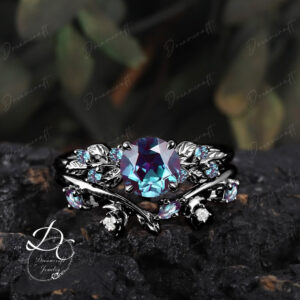Gothic Black Gold Alexandrite Engagement Ring Sets Nature Inspired Cluster Promise Ring Art Deco Leaf Gemstone Branch Bridal Set Jewelry Gothic Black Gold Alexandrite Engagement Ring Sets Nature Inspired Cluster Promise Ring Art Deco Leaf Gemstone Branch Bridal Set Jewelry