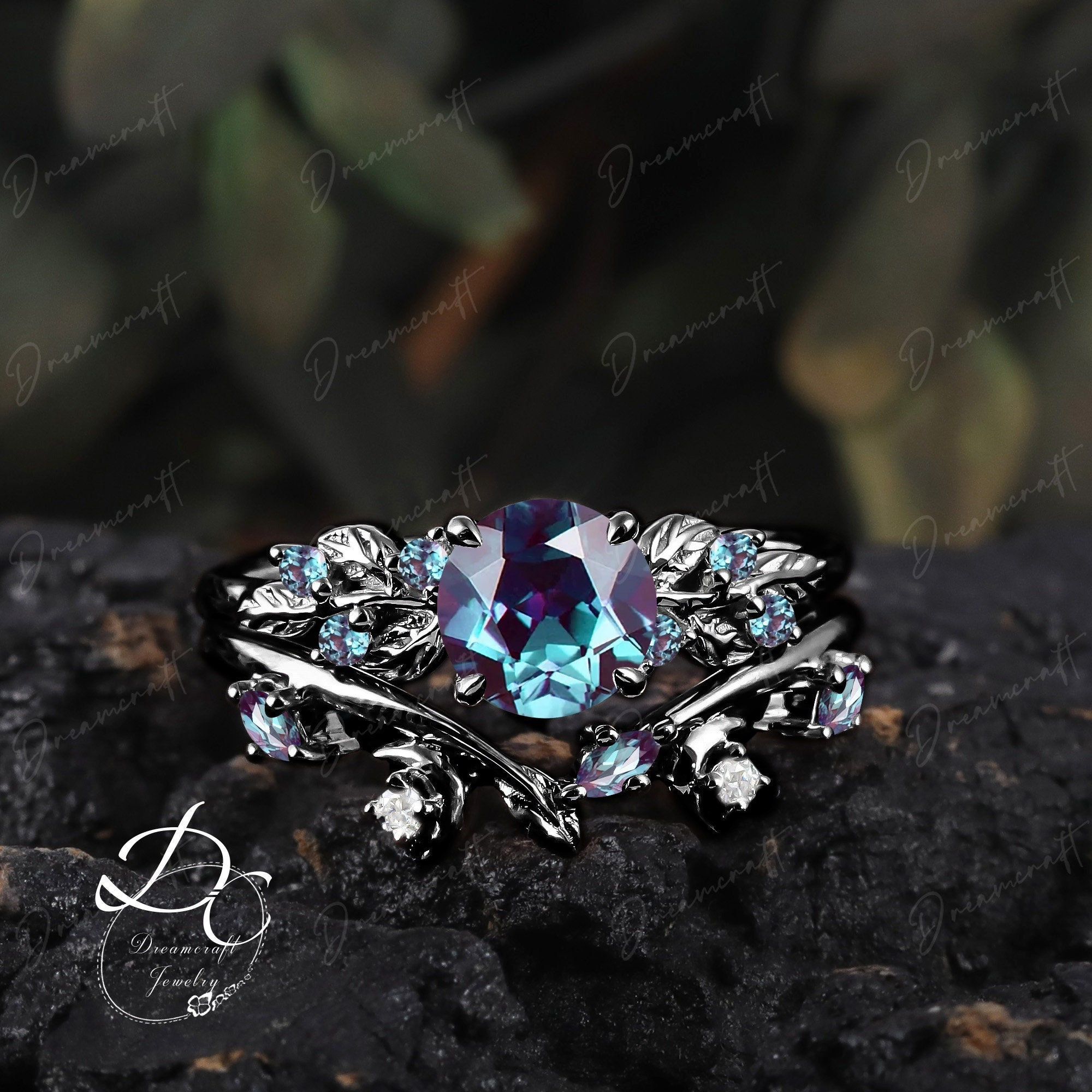 Gothic Black Gold Alexandrite Engagement Ring Sets Nature Inspired Cluster Promise Ring Art Deco Leaf Gemstone Branch Bridal Set Jewelry Gothic Black Gold Alexandrite Engagement Ring Sets Nature Inspired Cluster Promise Ring Art Deco Leaf Gemstone Branch Bridal Set Jewelry
