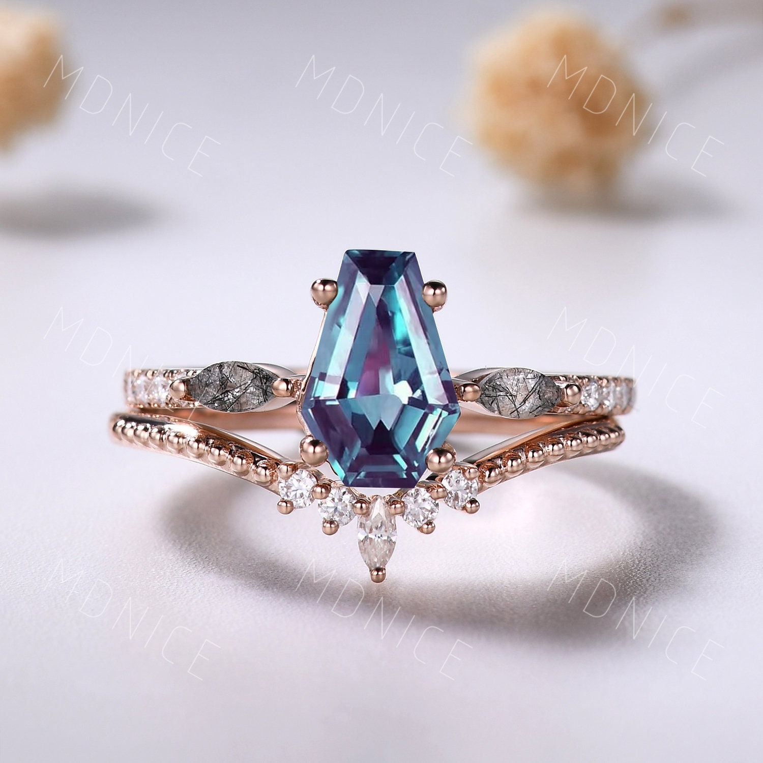 Gothic Coffin Alexandrite Engagement Ring Set: Marquise Black Quartz, 14k Rose Gold