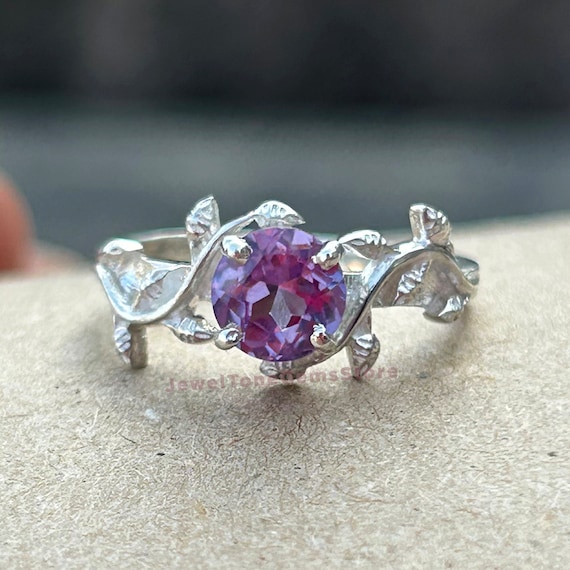 Alexandrite Leaf Vine Ring: 925 Sterling Silver Dainty Wedding Ring