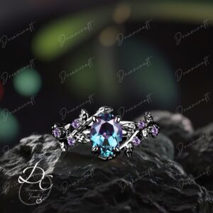 Oval Alexandrite Engagement Ring Art Deco Leaf Black Gold Twig Cluster Promise Ring Green Gemstone Bridal Ring June Birthstone Jewelry Gift Oval Alexandrite Engagement Ring Art Deco Leaf Black Gold Twig Cluster Promise Ring Green Gemstone Bridal Ring June Birthstone Jewelry Gift