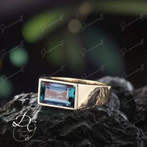 Solid 14k Yellow Gold Men Band Wedding Band Minimalist Alexandrite Ring Real Gemstone Bezel Wedding Anniversary Band Promise Ring For Him