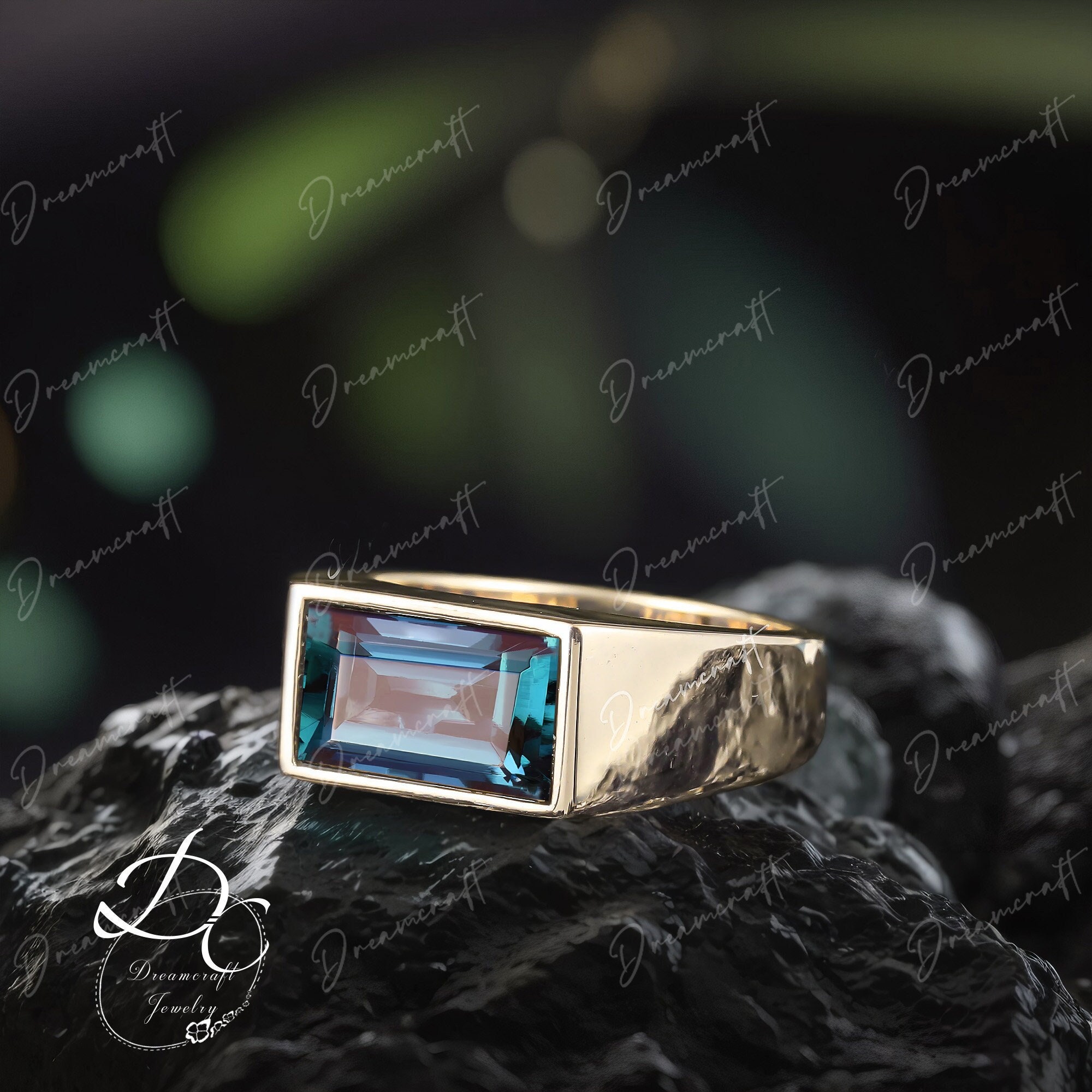 Solid 14k Yellow Gold Men Band Wedding Band Minimalist Alexandrite Ring Real Gemstone Bezel Wedding Anniversary Band Promise Ring For Him