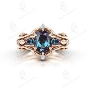 Unique Alexandrite Engagement Ring Set 14k Gold Alexandrite Ring Set For Women Art Deco Leaf Design Bridal Ring Handmade 3 Piece Ring Set Unique Alexandrite Engagement Ring Set 14k Gold Alexandrite Ring Set For Women Art Deco Leaf Design Bridal Ring Handmade 3 Piece Ring Set