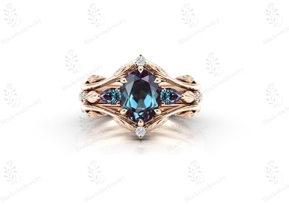 Unique Alexandrite Engagement Ring Set 14k Gold Alexandrite Ring Set For Women Art Deco Leaf Design Bridal Ring Handmade 3 Piece Ring Set