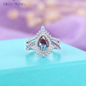 Vinatge pear alexandrite engagement ring twisted wedding band moissanite ring set art deco engagement ring Matching Anniversary promise ring