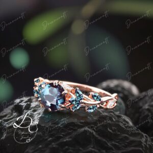 Vintage Alexandrite Engagement Ring Unique Cluster Promise Ring For Her Rose Gold Art Deco Leaf Gemstone Branch Nature Inspired Ring Jewelry Vintage Alexandrite Engagement Ring Unique Cluster Promise Ring For Her Rose Gold Art Deco Leaf Gemstone Branch Nature Inspired Ring Jewelry