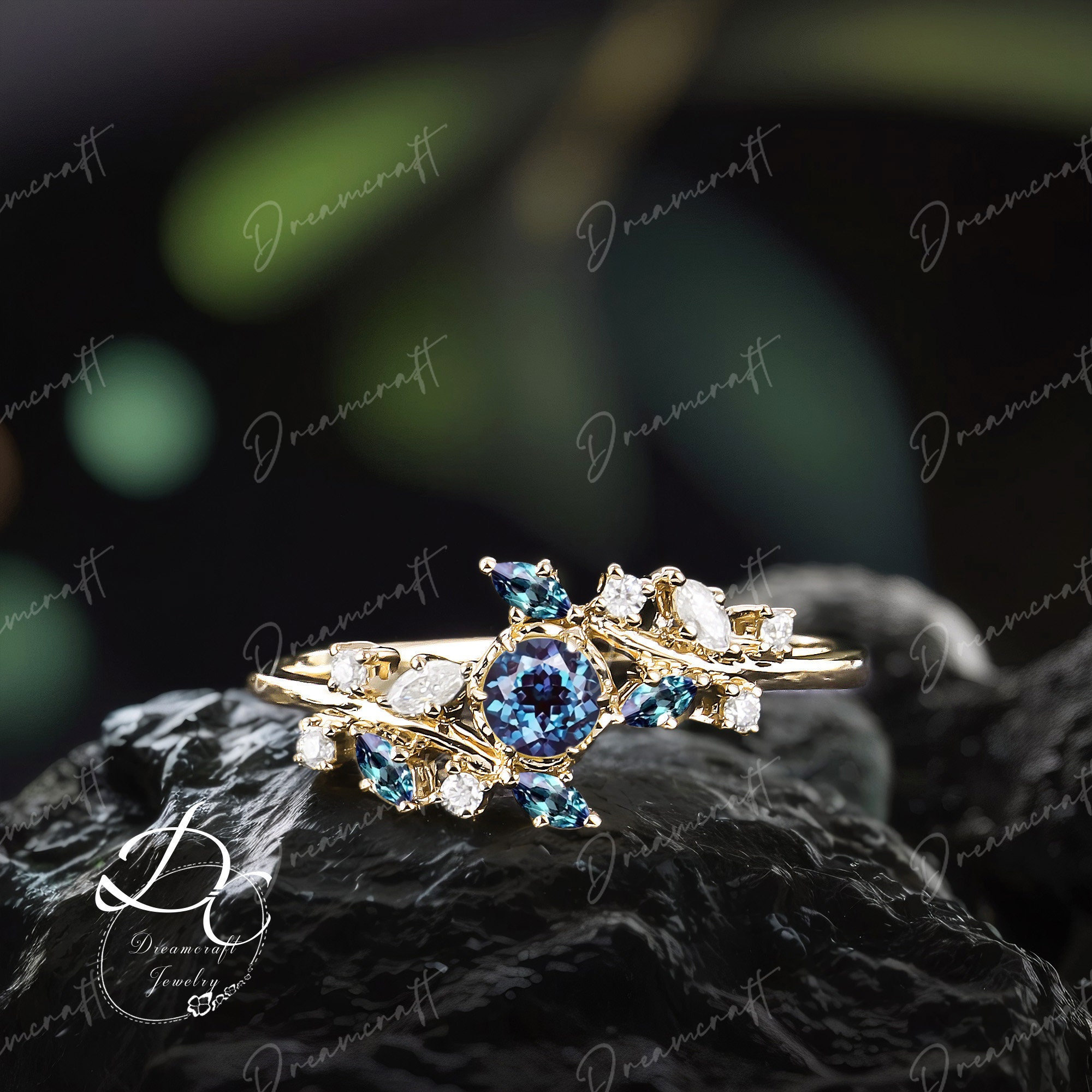 Vintage Alexandrite Engagement Ring Yellow Gold Leaf Nature Inspired Branches Twig Marquise Gemstone Wedding Women Anniversary Ring Gift