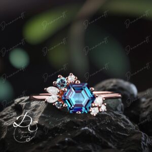 Vintage Hexagon cut Alexandrite ring rose gold unique June Birthstone engagement ring cluster art deco Gemstone bridal ring  gifts women