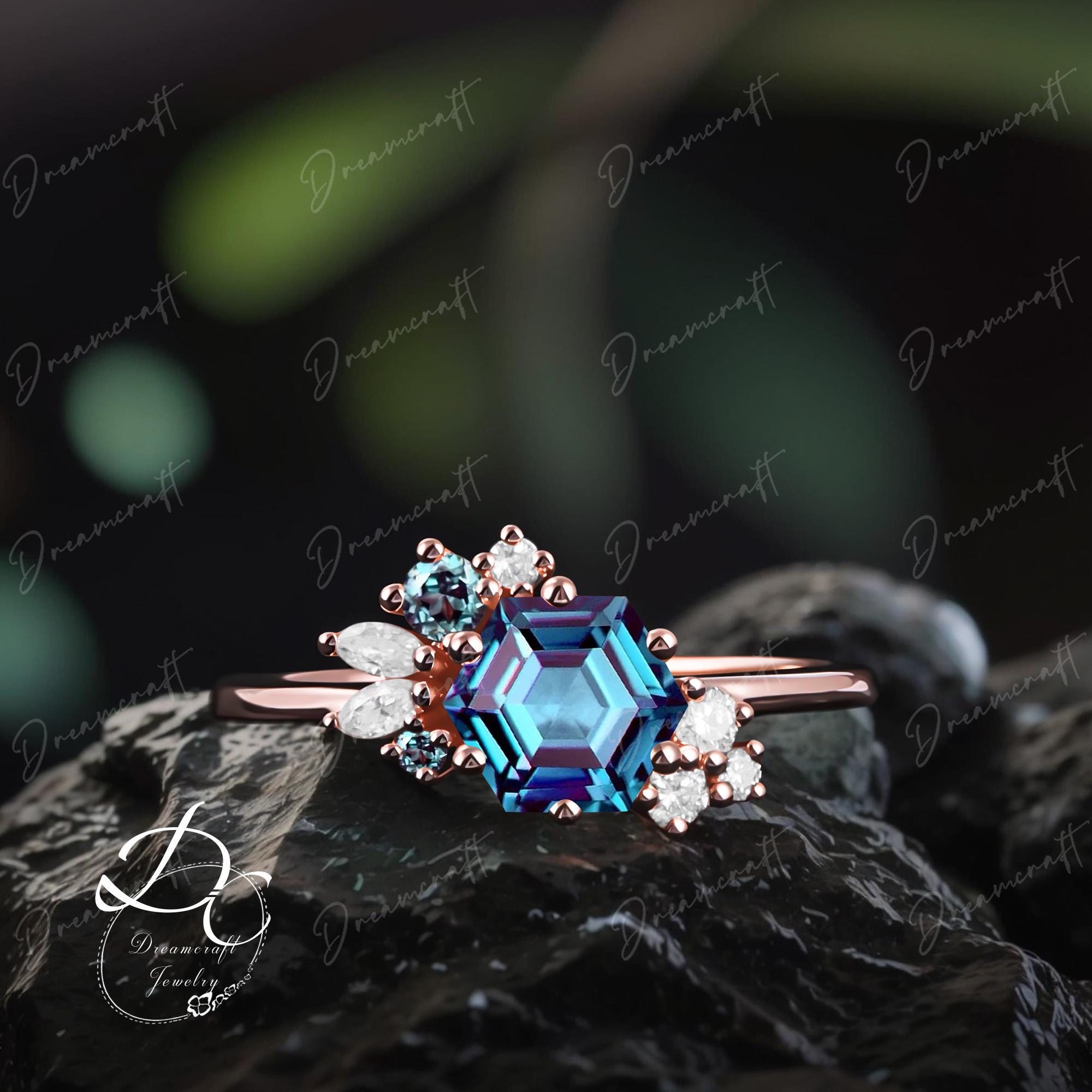 Vintage Hexagon Cut Alexandrite Ring Rose Gold Unique June Birthstone Engagement Ring Cluster Art Deco Gemstone Bridal Ring Gifts Women Vintage Hexagon Cut Alexandrite Ring Rose Gold Unique June Birthstone Engagement Ring Cluster Art Deco Gemstone Bridal Ring Gifts Women