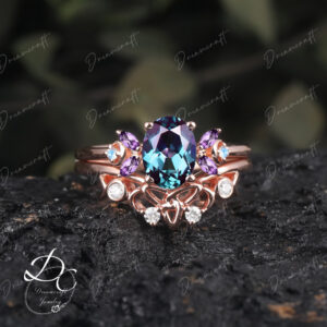 Vintage Oval Alexandrite engagement ring sets rose gold Promise Ring June Birthstone Art Deco Bridal Sets Anniversary Cluster ring Women Vintage Oval Alexandrite engagement ring sets rose gold Promise Ring June Birthstone Art Deco Bridal Sets Anniversary Cluster ring Women