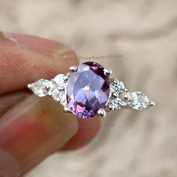 Vintage Oval Alexandrite Engagement Ring: Moissanite Cluster, Sterling Silver