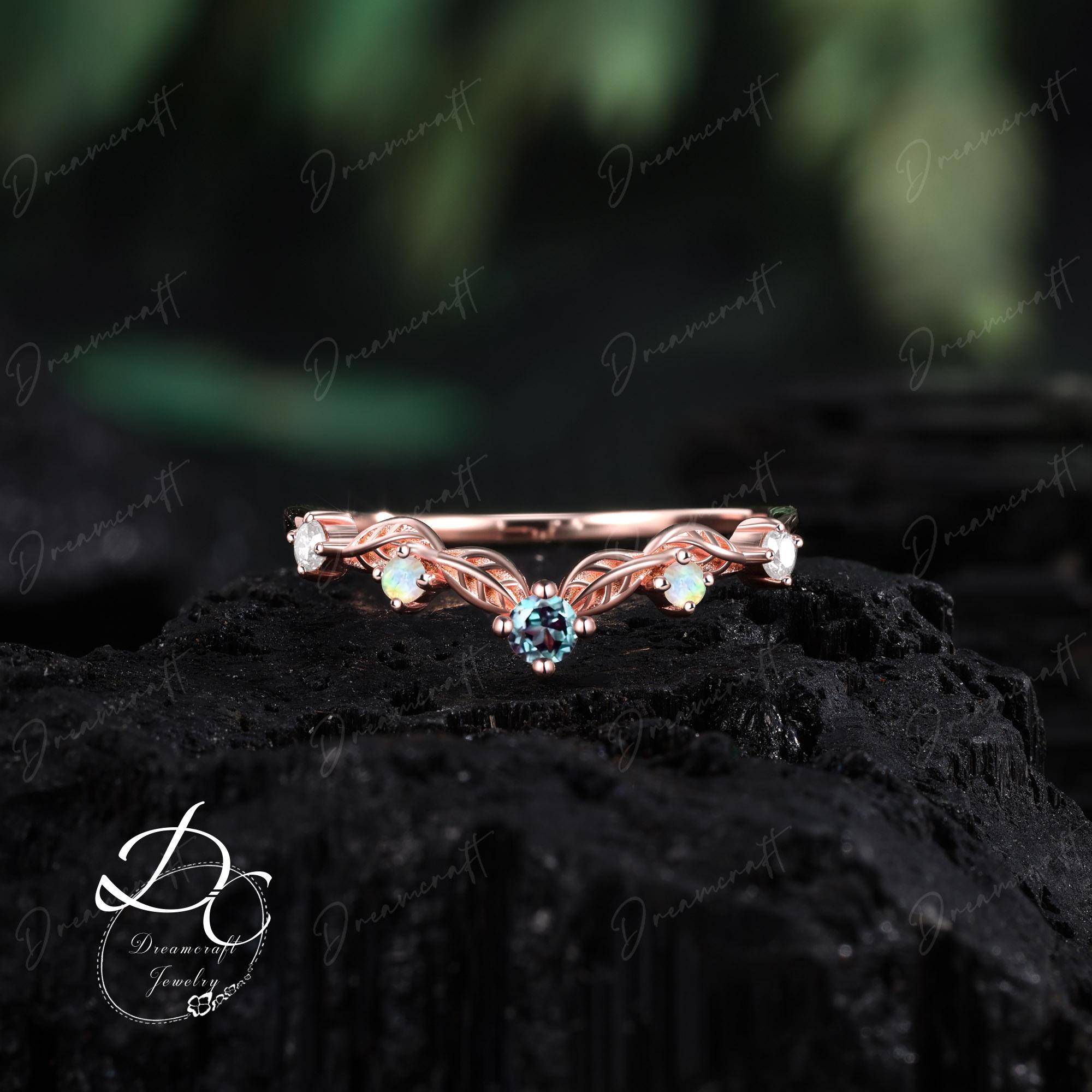 Vintage Alexandrite Wedding Band Rose Gold Leaf Curved Wedding Band Moissanite Matching Band Stacking Band Unique Anniversary Ring Women