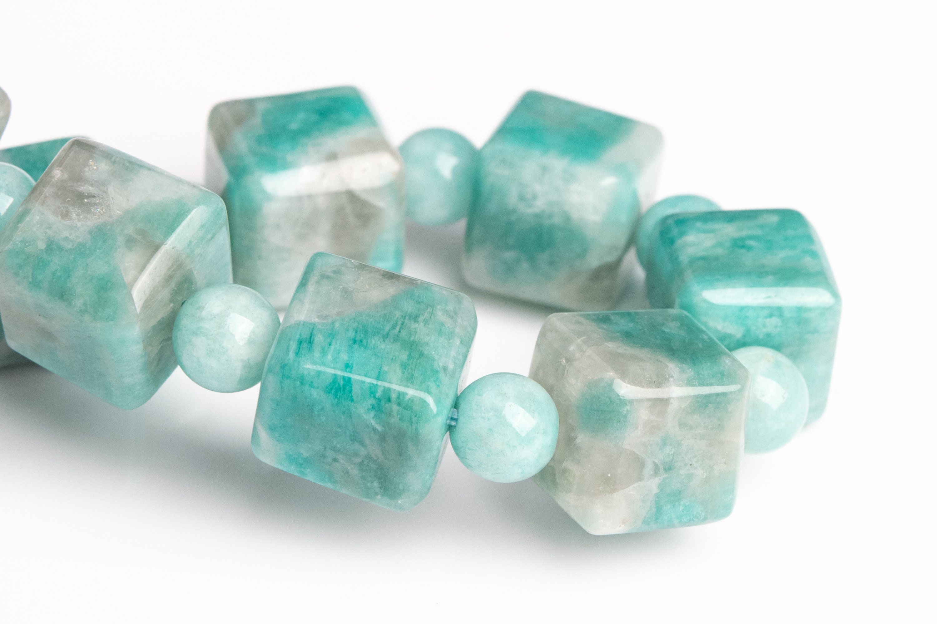 9-10mm Amazonite Beads Gray Green Bracelet Grade A Genuine Natural Beveled Edge Faceted Cube Gemstone 7.5" (121788h-3065)