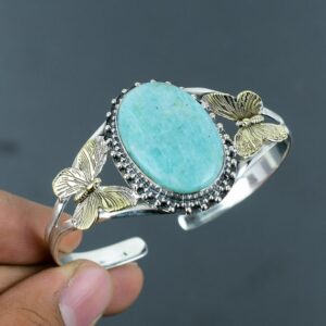 Amazonite Cuff Bracelet: Sterling Silver Bangle with Butterfly Accents