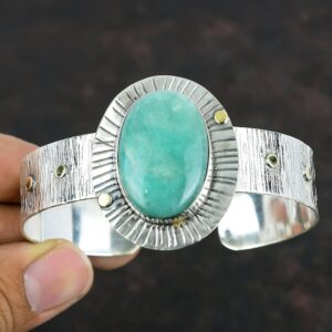Handmade Amazonite Cuff Bracelet: 925 Sterling Silver Adjustable Bangle