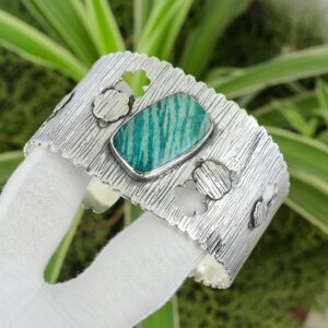 Handmade Amazonite Cuff Bracelet: Adjustable 925 Sterling Silver Bangle