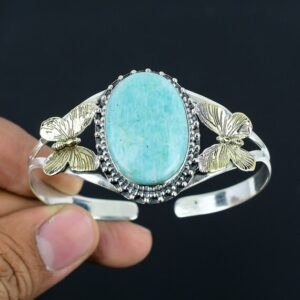 Handmade Amazonite Cuff Bracelet: Sterling Silver 18K Gold Butterfly Bangle