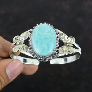 Handmade Amazonite Cuff Bracelet: Sterling Silver, 18K Gold Butterfly Bangle